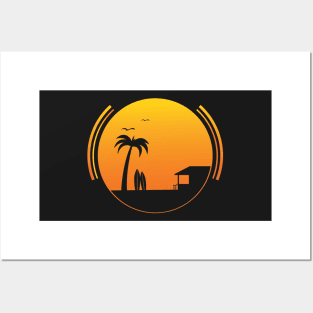 Summer Sunset Palm Tree Beach Ocean Artistic Paradise Posters and Art